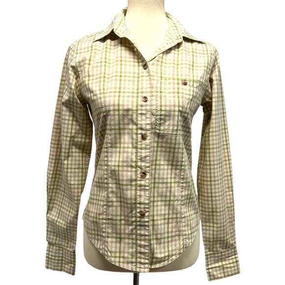 Filson Tops - Filson Cotton Tan & Green Plaid Long Sleeve Button Front Shirt Women’s Small